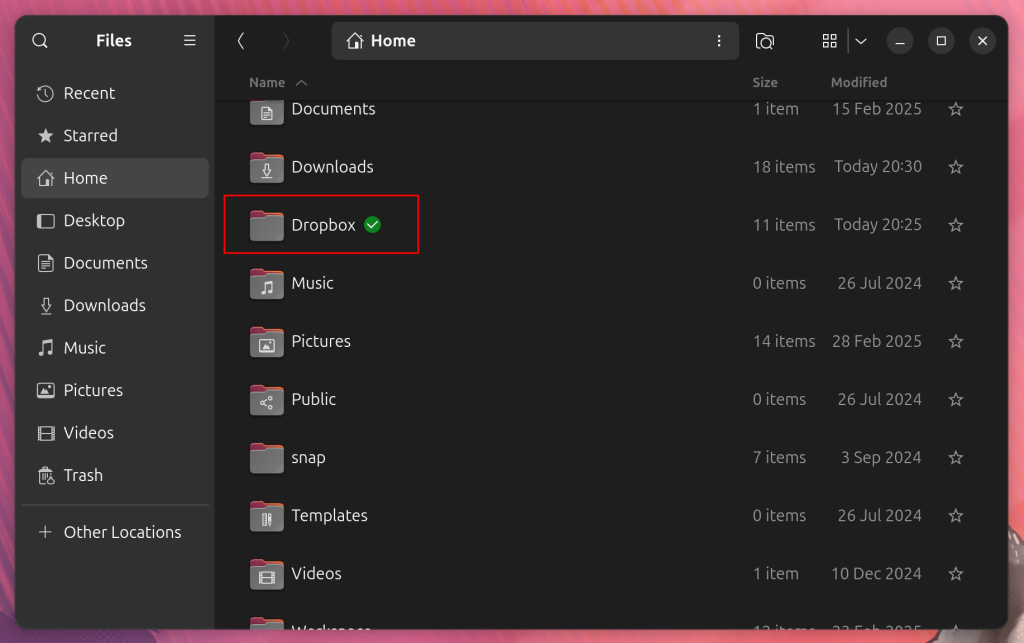Contoh folder Dropbox di Ubuntu Linux. Lokasinya ada di Home > Dropbox.